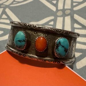Silver Cuff Bracelet with Turquoise and Coral Stones